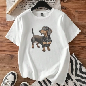 Casual Retro Dachshund Grafik Yuvarlak Yaka Kısa Kollu Dar Kesim Kadın Tişörtü,