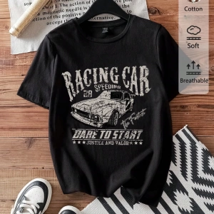 Casual Retro Kırmızı Araba Desenli %50 Pamuk Kadın Tişört