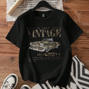 Casual Retro Kırmızı Araba Desenli %50 Pamuk Kadın Tişört