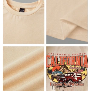 Casual Retro Kırmızı Araba Desenli %50 Pamuk Kadın Tişört