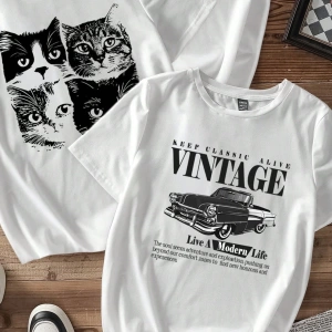 Casual Retro Kırmızı Araba Desenli %50 Pamuk Kadın Tişört