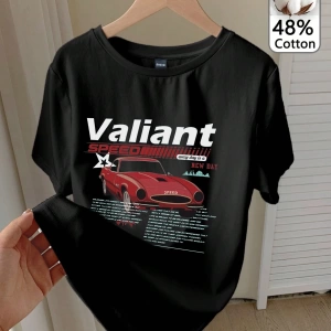 Casual Retro Kırmızı Araba Desenli %50 Pamuk Kadın Tişört