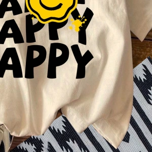 Casual Retro Nomadic Style Denim Çocuk Baskı Desenli Gevşek Yuvarlak Yaka Kısa Kollu
