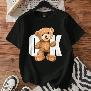 Casual Siyah Büyük Boy OK Bear Grafik Yuvarlak Yaka Kısa Kollu Pamuklu Tişört Kadınl