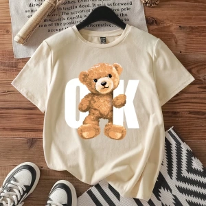 Casual Siyah Büyük Boy OK Bear Grafik Yuvarlak Yaka Kısa Kollu Pamuklu Tişört Kadınl