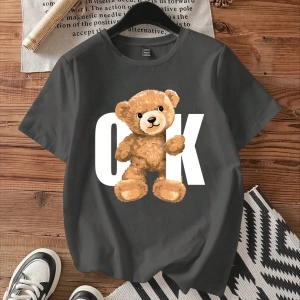 Casual Siyah Büyük Boy OK Bear Grafik Yuvarlak Yaka Kısa Kollu Pamuklu Tişört Kadınl