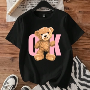 Casual Siyah Büyük Boy OK Bear Grafik Yuvarlak Yaka Kısa Kollu Pamuklu Tişört Kadınl