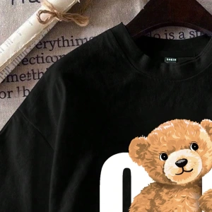 Casual Siyah Büyük Boy OK Bear Grafik Yuvarlak Yaka Kısa Kollu Pamuklu Tişört Kadınl