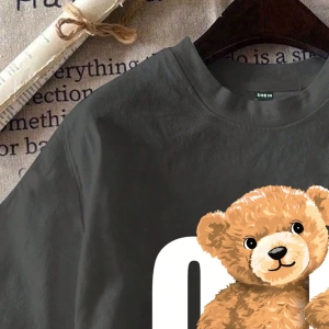 Casual Siyah Büyük Boy OK Bear Grafik Yuvarlak Yaka Kısa Kollu Pamuklu Tişört Kadınl