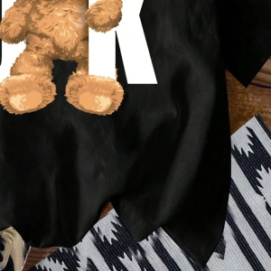 Casual Siyah Büyük Boy OK Bear Grafik Yuvarlak Yaka Kısa Kollu Pamuklu Tişört Kadınl