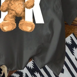 Casual Siyah Büyük Boy OK Bear Grafik Yuvarlak Yaka Kısa Kollu Pamuklu Tişört Kadınl