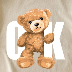 Casual Siyah Büyük Boy OK Bear Grafik Yuvarlak Yaka Kısa Kollu Pamuklu Tişört Kadınl