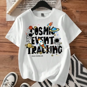 Casual Spaceship Rocket Astronaut Grafik Baskılı Beyaz Mürettebat Yaka Kısa Kollu Da