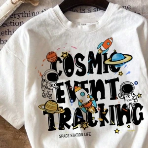 Casual Spaceship Rocket Astronaut Grafik Baskılı Beyaz Mürettebat Yaka Kısa Kollu Da