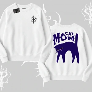Cat Mom Yazılı Minimal Kedi Arka Baskılı Biskilet Sweatshirt