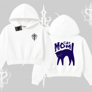 Cat Mom Yazılı Minimal Kedi Arka Baskılı Kapşonlu Crop Sweatshirt