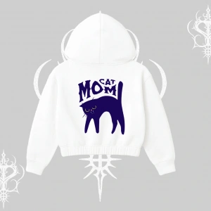 Cat Mom Yazılı Minimal Kedi Arka Baskılı Kapşonlu Crop Sweatshirt