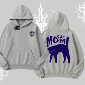 Cat Mom Yazılı Minimal Kedi Arka Baskılı Kapşonlu Sweatshirt