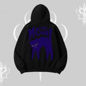 Cat Mom Yazılı Minimal Kedi Arka Baskılı Kapşonlu Sweatshirt