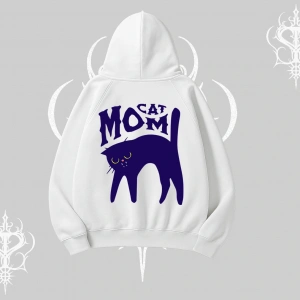 Cat Mom Yazılı Minimal Kedi Arka Baskılı Kapşonlu Sweatshirt