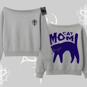 Cat Mom Yazılı Minimal Kedi Arka Baskılı Kayık Yaka Sweatshirt