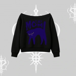 Cat Mom Yazılı Minimal Kedi Arka Baskılı Kayık Yaka Sweatshirt