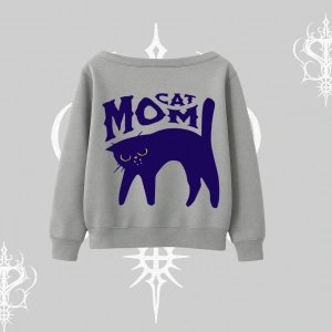 Cat Mom Yazılı Minimal Kedi Arka Baskılı Kayık Yaka Sweatshirt