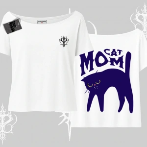 Cat Mom Yazılı Minimal Kedi Arka Baskılı Kayık Yaka Tshirt