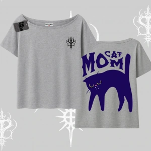 Cat Mom Yazılı Minimal Kedi Arka Baskılı Kayık Yaka Tshirt
