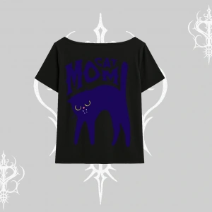 Cat Mom Yazılı Minimal Kedi Arka Baskılı Kayık Yaka Tshirt