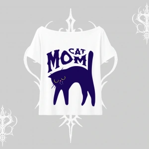 Cat Mom Yazılı Minimal Kedi Arka Baskılı Kayık Yaka Tshirt