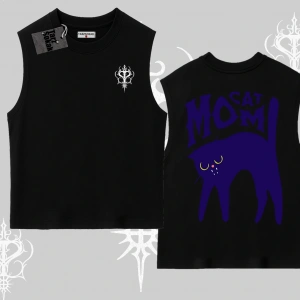 Cat Mom Yazılı Minimal Kedi Arka Baskılı Kolsuz Tshirt