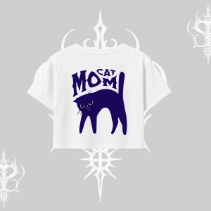Cat Mom Yazılı Minimal Kedi Arka Baskılı Oversize Crop Tshirt