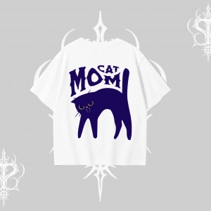 Cat Mom Yazılı Minimal Kedi Arka Baskılı Oversize Tshirt