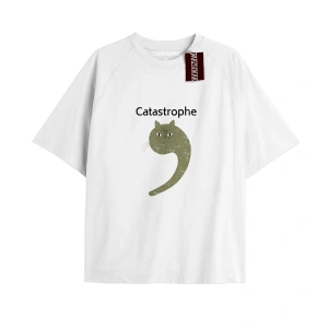 CATASTROPHE Unisex Oversize Yazılı Tshirt BEYAZ