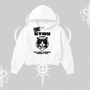 Catronaut Kedi Baskılı Kapşonlu Crop Sweatshirt