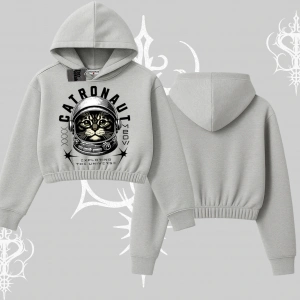 Catronaut Kedi Baskılı Kapşonlu Crop Sweatshirt