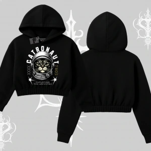 Catronaut Kedi Baskılı Kapşonlu Crop Sweatshirt