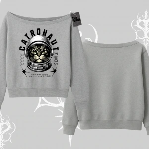 Catronaut Kedi Baskılı Kayık Yaka Sweatshirt