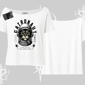 Catronaut Kedi Baskılı Kayık Yaka Tshirt