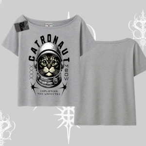 Catronaut Kedi Baskılı Kayık Yaka Tshirt