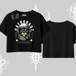 Catronaut Kedi Baskılı Oversize Crop Tshirt