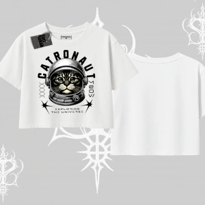 Catronaut Kedi Baskılı Oversize Crop Tshirt