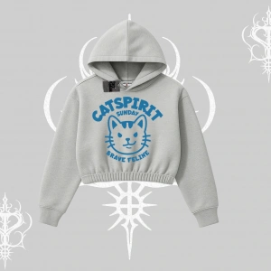 Catspirit Sunday Brave Feline Yazılı Kedi Baskılı Kapşonlu Crop Sweatshirt