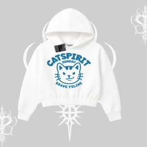 Catspirit Sunday Brave Feline Yazılı Kedi Baskılı Kapşonlu Crop Sweatshirt