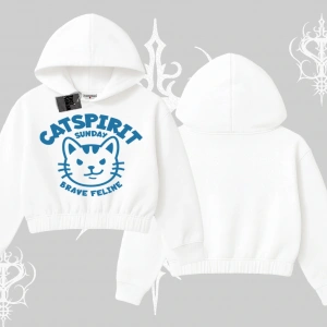 Catspirit Sunday Brave Feline Yazılı Kedi Baskılı Kapşonlu Crop Sweatshirt