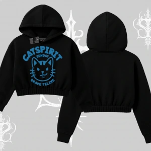 Catspirit Sunday Brave Feline Yazılı Kedi Baskılı Kapşonlu Crop Sweatshirt