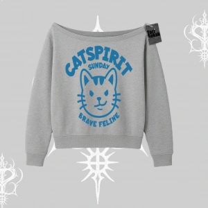 Catspirit Sunday Brave Feline Yazılı Kedi Baskılı Kayık Yaka Sweatshirt