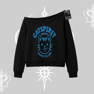 Catspirit Sunday Brave Feline Yazılı Kedi Baskılı Kayık Yaka Sweatshirt