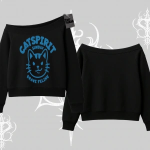 Catspirit Sunday Brave Feline Yazılı Kedi Baskılı Kayık Yaka Sweatshirt